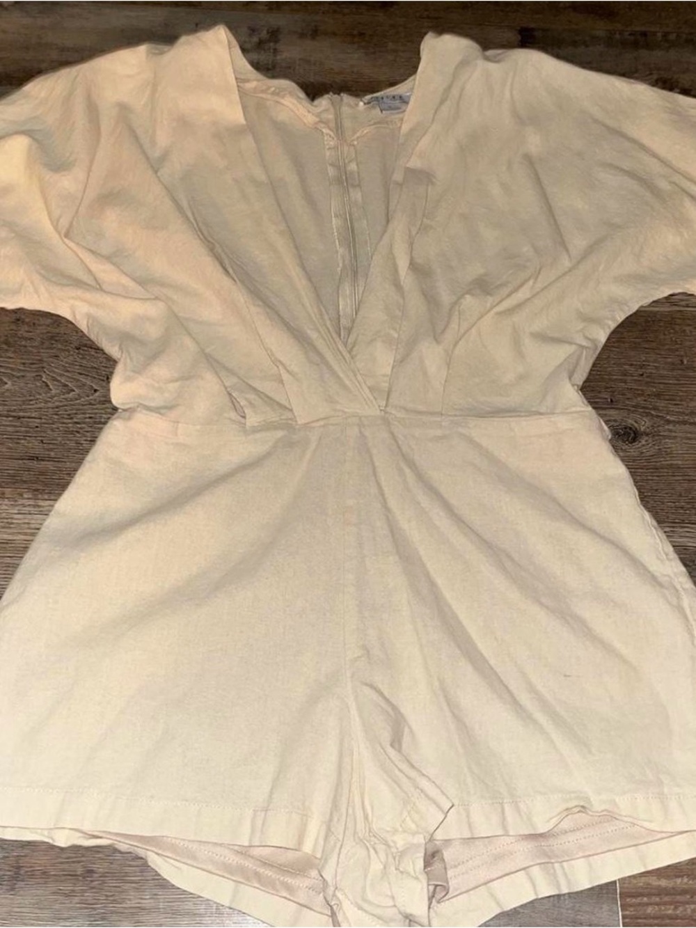 Neutral Cream Mini Dress Romper with V-Neck